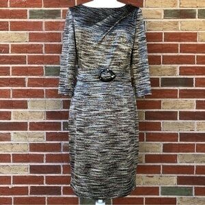 David Meister Crew Neck Embellished Brown Blue Three Quarter Sleeve Dress 👗